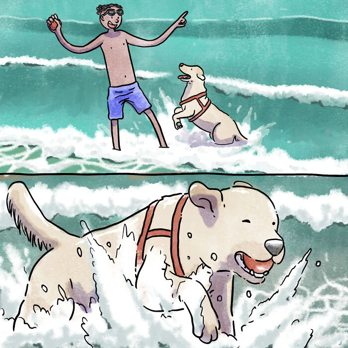 Illustration of life with a dog playing joyfully in ocean waves, capturing heartfelt moments in wordless comics about pets.