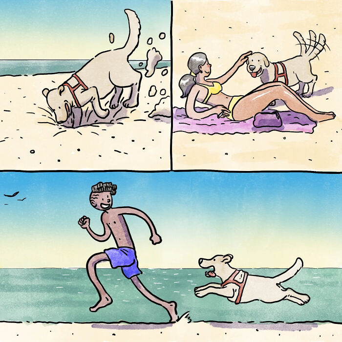 Illustration of heartfelt wordless comics showing life moments with a dog playing and interacting on the beach.