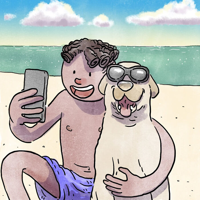 Person taking a selfie with a dog wearing sunglasses at the beach in a heartfelt wordless comics style.