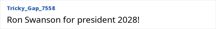 Screenshot of a forum post with the text Ron Swanson for president 2028, referencing Nick Offerman's character. Screenshot of a forum post with the text Ron Swanson for president 2028, referencing Nick Offerman's character.