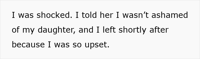 Text showing a person expressing shock and stating they are not ashamed of their daughter after a family wedding conflict.