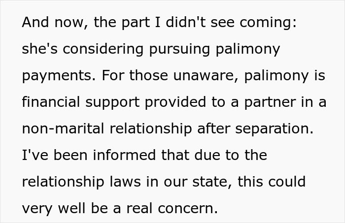 Text excerpt explaining palimony payments and legal concerns in non-marital relationships after separation. Text excerpt explaining palimony payments and legal concerns in non-marital relationships after separation.