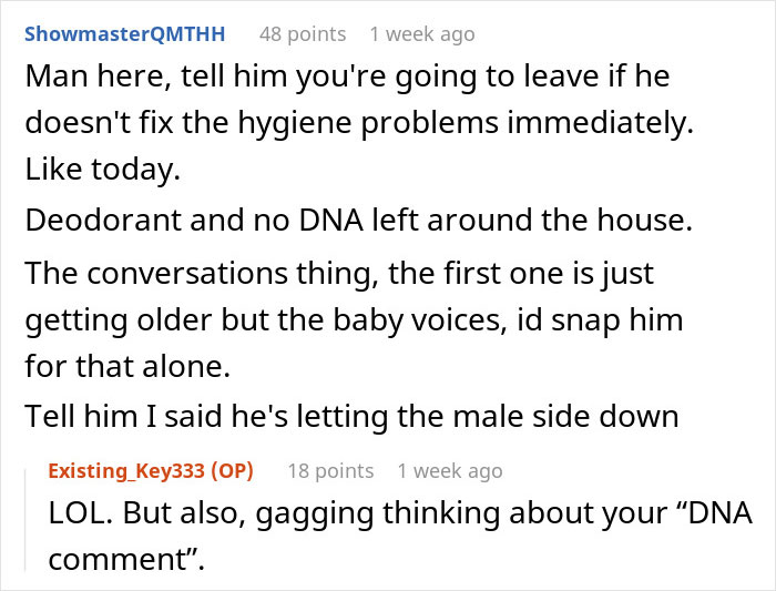 Reddit user discussing hygiene problems and feeling grossed out by husband, reflecting frustration and relationship issues. Reddit user discussing hygiene problems and feeling grossed out by husband, reflecting frustration and relationship issues.