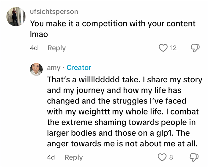 Comment exchange about weight loss journey and experiences with Ozempic, addressing body shaming and public opinions online. Comment exchange about weight loss journey and experiences with Ozempic, addressing body shaming and public opinions online.