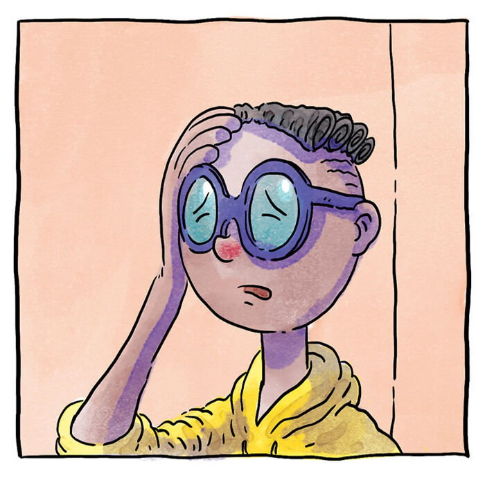 Illustration from wordless comics showing a person with glasses reflecting life with a dog and a cat.