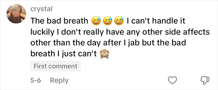 Comment about bad breath side effect from using Mounjaro, shared by woman who dropped 84 lbs on Mounjaro. Comment about bad breath side effect from using Mounjaro, shared by woman who dropped 84 lbs on Mounjaro.