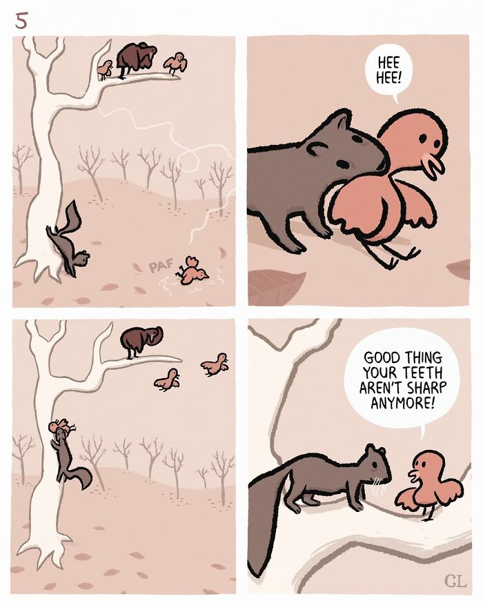 Comic panels from Ruby and Mo showing playful animals illustrating themes of love, loss, and healing in a touching style.