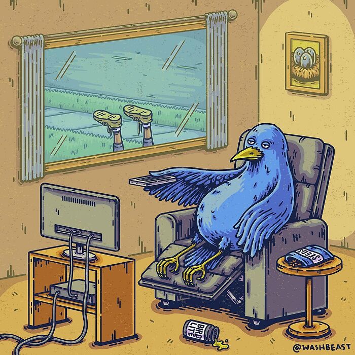 Surreal comic scene with a large blue bird lounging in a chair while legs stick out the window in an absurd setting.