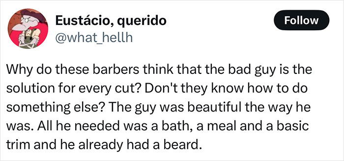 Tweet criticizing barbers for ruining a homeless man's potential model makeover with a bad haircut and unnecessary trim. Tweet criticizing barbers for ruining a homeless man's potential model makeover with a bad haircut and unnecessary trim.