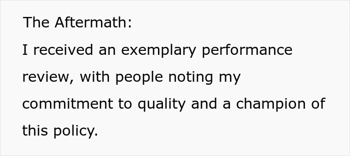 Text showing an employee’s exemplary performance review highlighting commitment to quality and adherence to deployment policy. Text showing an employee’s exemplary performance review highlighting commitment to quality and adherence to deployment policy.
