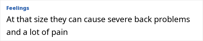 Text explaining severe back problems and pain caused by very large breasts linked to breast reduction surgery.