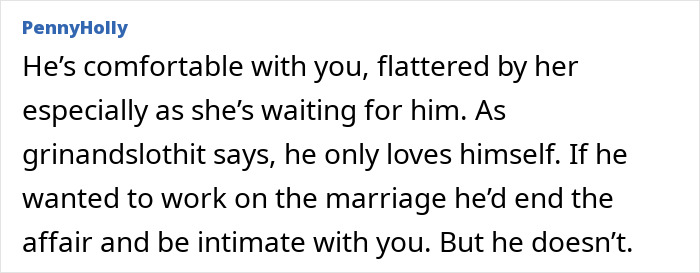 Comment discussing doubts about husband’s love and marriage issues amid an ongoing 8-year affair situation. Comment discussing doubts about husband’s love and marriage issues amid an ongoing 8-year affair situation.