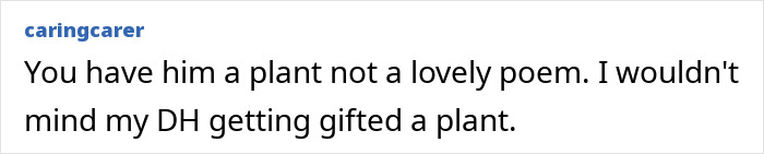 Comment text about gifting plant to male colleague, discussing preference for giving a plant as a gift instead of a poem. Comment text about gifting plant to male colleague, discussing preference for giving a plant as a gift instead of a poem.