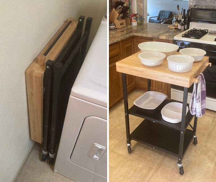 Collapsible kitchen cart with wooden top and storage shelves, featuring bowls and kitchen items in a home setting.