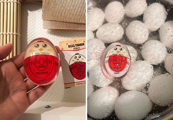 Egg timer kitchen item shown in hand and in boiling water with eggs, illustrating best-selling kitchen items concept.