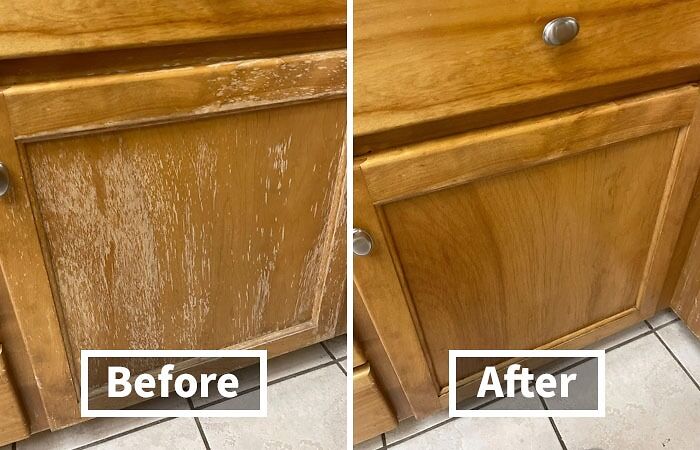 Kitchen cabinet door before and after restoration showing best-selling kitchen items for home improvement.