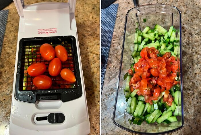 Kitchen gadget slicing cherry tomatoes and chopped tomatoes with cucumbers in a clear container best-selling kitchen items.