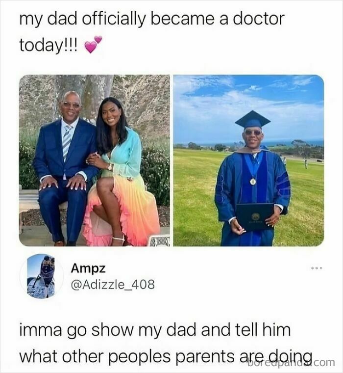 Father graduates as doctor celebrating achievement with daughter, capturing relatable moments from human experience memes.