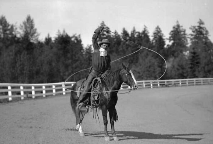 Vintage cowboy on horseback skillfully twirling a lasso in an outdoor setting with trees and a white fence behind.