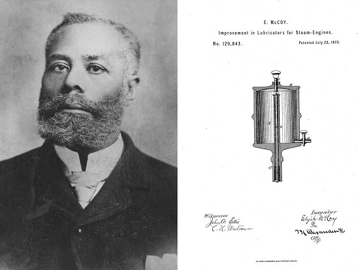 Portrait of inventor with patent drawing for steam engine lubricator, highlighting inventions by people of color.