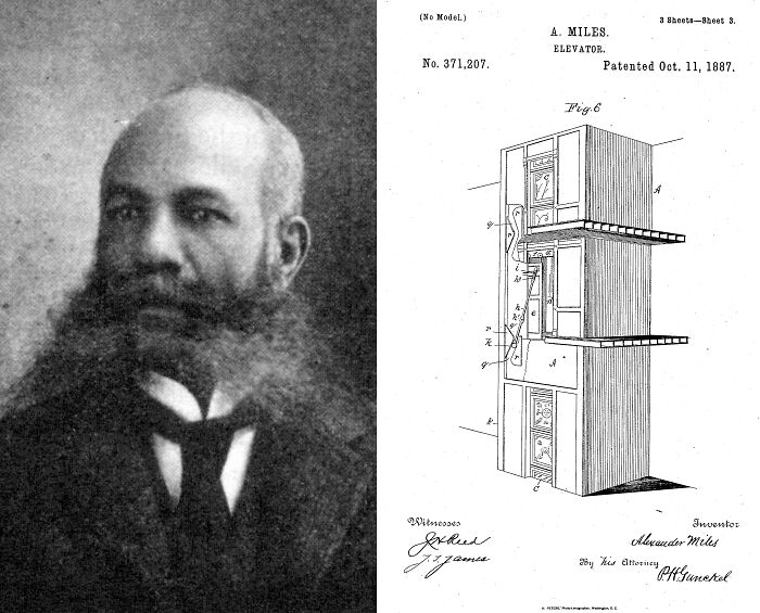 Black inventor Alexander Miles with elevator patent drawing, highlighting world-changing inventions by people of color.