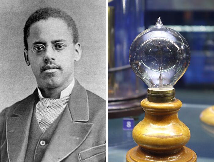 Inventor Lewis Latimer with his invention of the carbon filament light bulb, a world-changing invention by people of color.