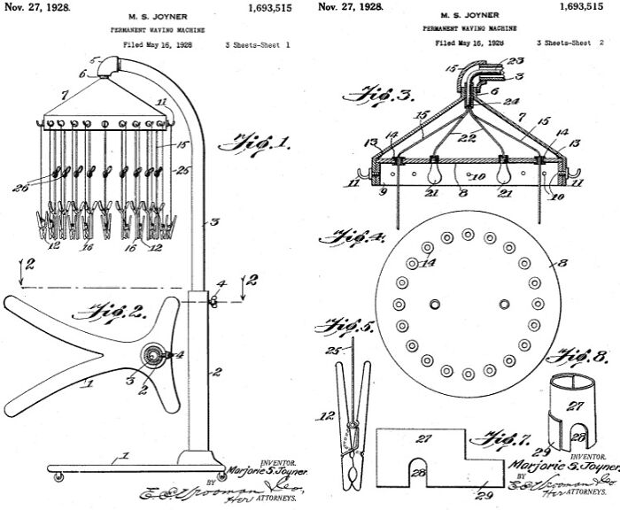 Patent drawings of a permanent waving machine, an invention by a person of color featured in world-changing inventions.