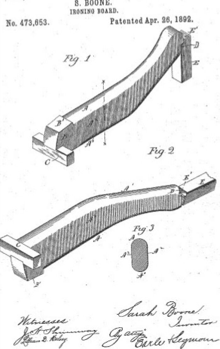 Patent drawing of an ironing board invention by a person of color featured in world-changing inventions.