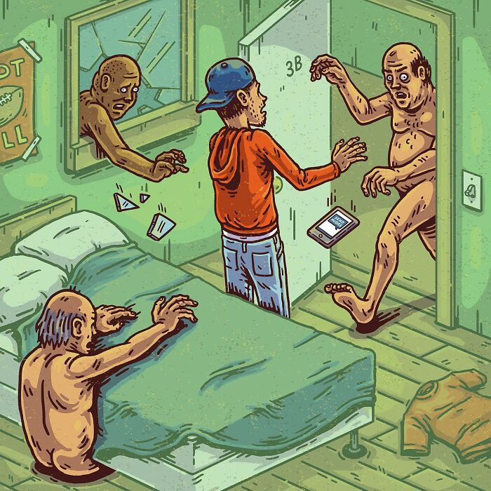 Surreal absurd comic scene showing a young man startled by strange, naked creatures emerging from a bedroom and window.