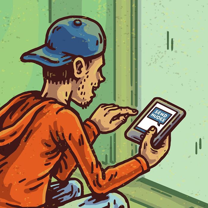 Illustration from absurd comics showing a man with a blue cap sending a strange message on a smartphone in a surreal scene.