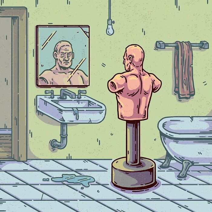 Surreal comic art of a boxing dummy looking at its reflection as a man in a dripping, eerie, everyday bathroom scene.