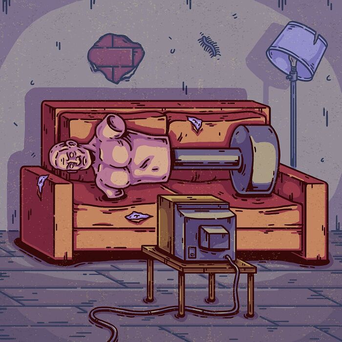 Surreal comic art showing a strange humanoid figure fused with a couch in a worn room, highlighting absurd everyday scenes.