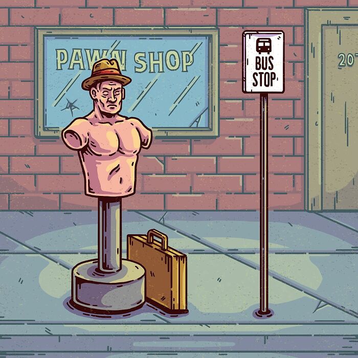 Surreal comic scene showing a disembodied torso with a hat at a bus stop outside a pawn shop, strange everyday art.