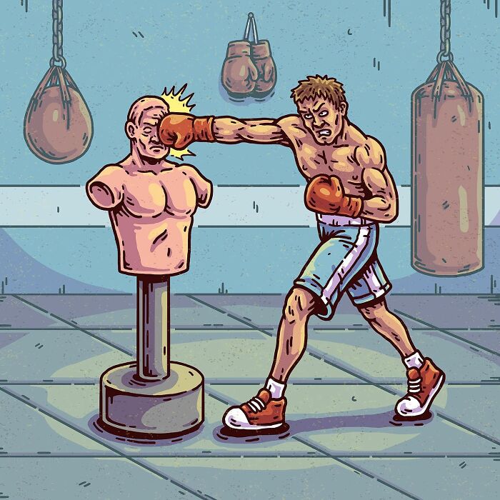 Boxer punching a headless training dummy in a surreal comic style, blending everyday scenes with strange, absurd tales.