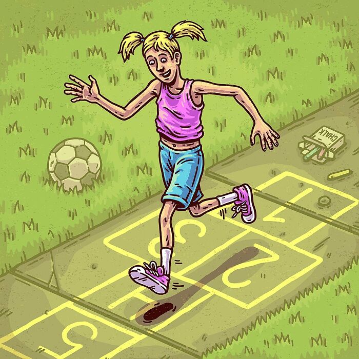 Girl with pigtails playing hopscotch on grass, an example of absurd comics turning everyday scenes into surreal tales.