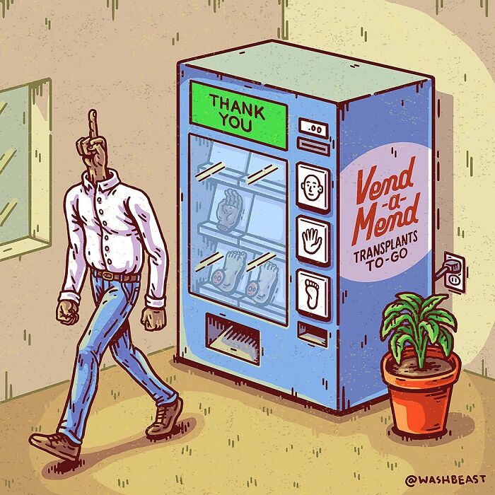 Surreal comic scene showing a headless man walking beside a vending machine selling body part transplants.