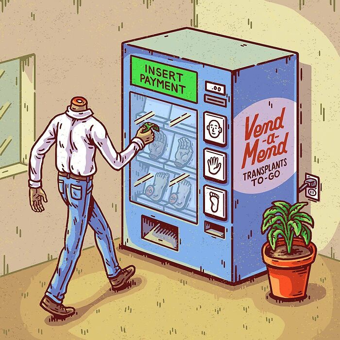 Surreal comic art showing a headless person using a vending machine selling body part transplants in a strange scene.