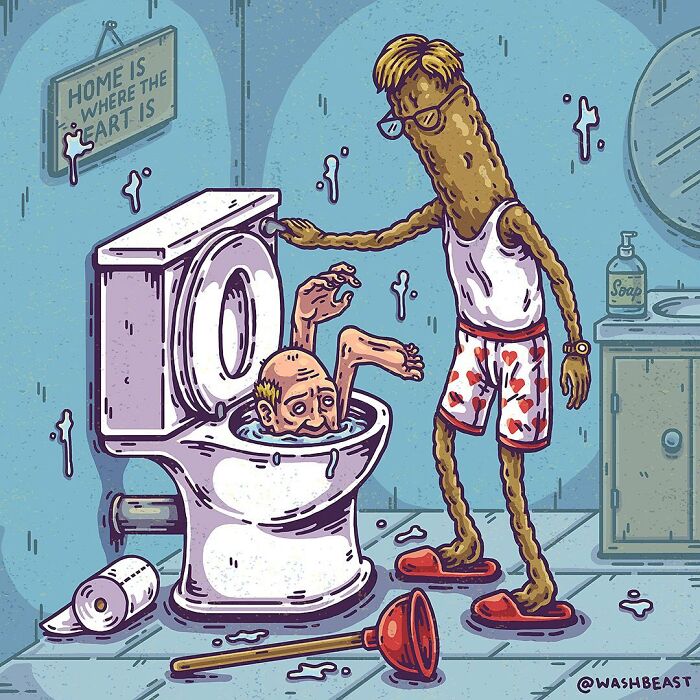 Absurd comic scene showing a surreal character flushing a man with arms and legs down a toilet in a bathroom.
