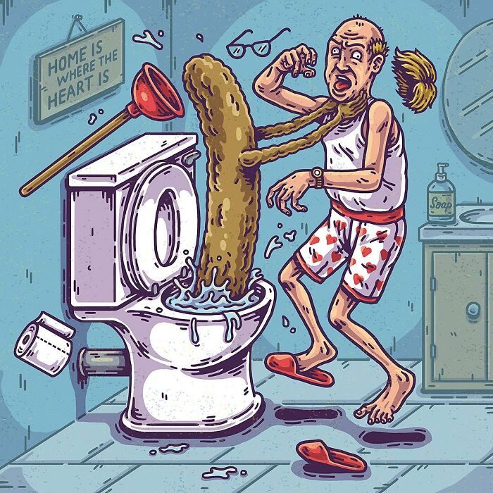 Surreal comic scene of a man in heart-patterned shorts shocked by bizarre toilet water splashing from a plunger in a bathroom.