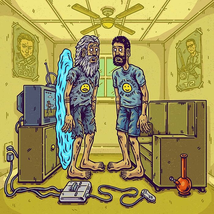 Surreal comic scene shows two men in matching "Don't Worry Be Happy" shirts facing each other in a distorted living room.