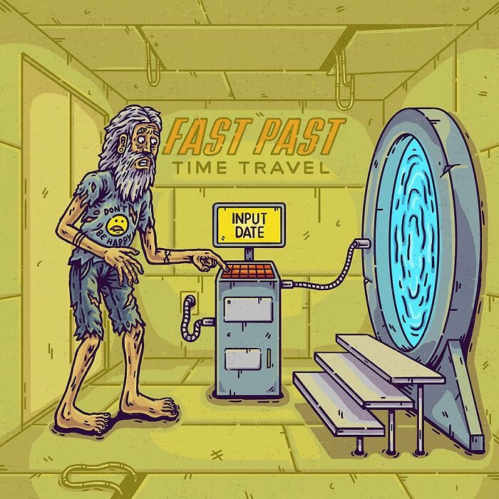 Absurd comic illustration of a strange man using a time travel machine in a surreal, everyday scene turned bizarre.