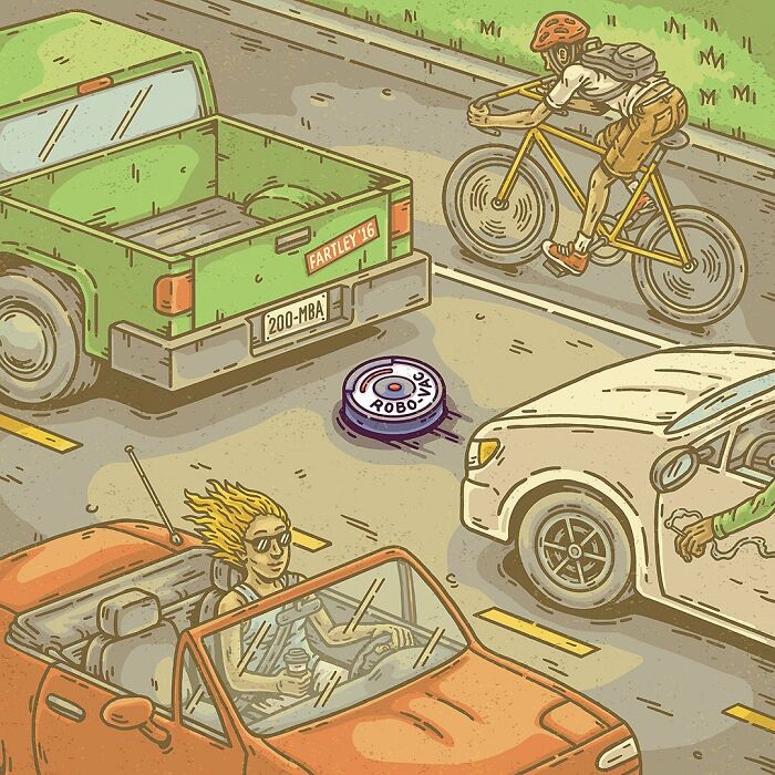 Surreal comic scene of a woman driving, cyclist, robotic vacuum, and parked trucks in an everyday strange setting.