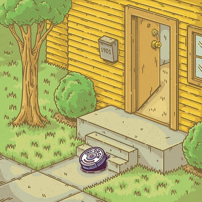Surreal comic scene showing a robot vacuum facing stairs outside a yellow house in an absurd everyday setting.