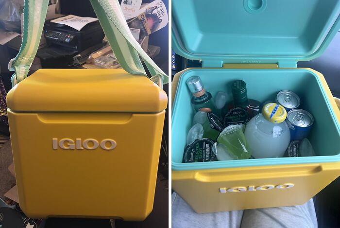 Yellow Igloo cooler with green straps filled with drinks and ice, a bizarre find impacting your bank account spending.