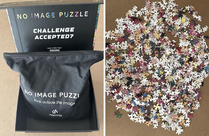 Unassembled no image puzzle pieces spilling on table with challenge accepted box, a bizarre find explaining bank account troubles.