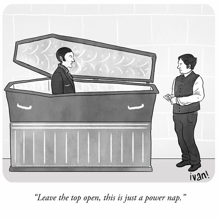 One-panel comic by Ivan Ehlers shows a vampire taking a power nap inside an open coffin.