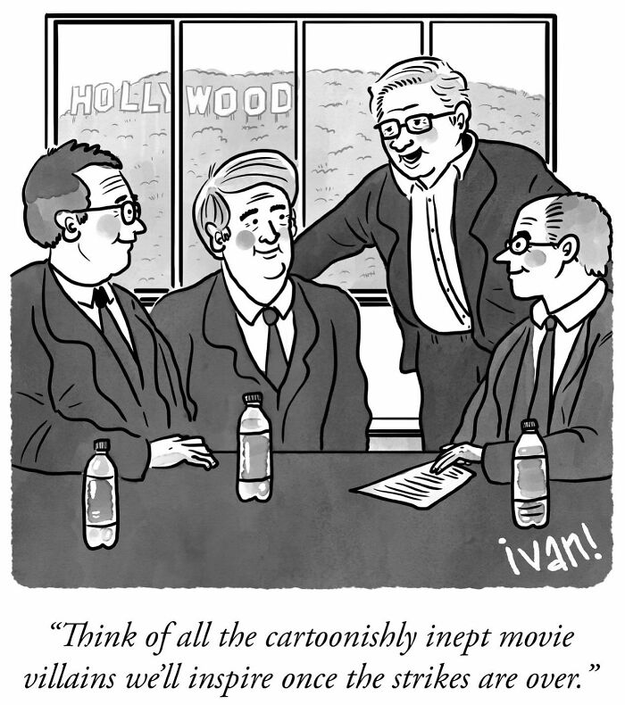 Black and white one-panel comic showing four men in suits discussing cartoonishly inept movie villains, comic by Ivan Ehlers.