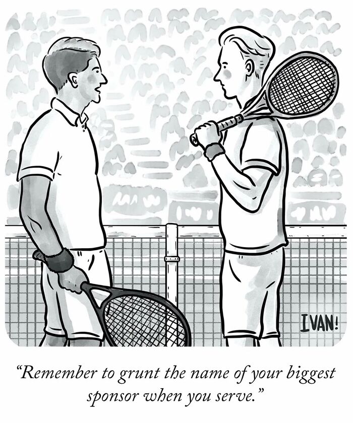 Two tennis players on court in a comic style, showcasing hilariously unexpected one-panel comics by Ivan Ehlers.