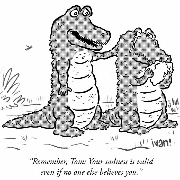 Two alligator characters in a hilariously unexpected one-panel comic by Ivan Ehlers showing comfort and sadness.
