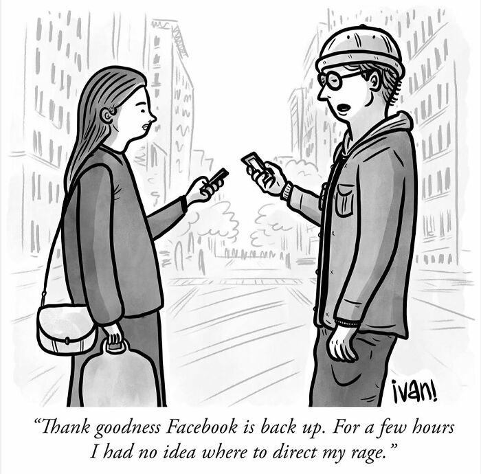 One-panel comic by Ivan Ehlers showing two people reacting to Facebook being down with humor.